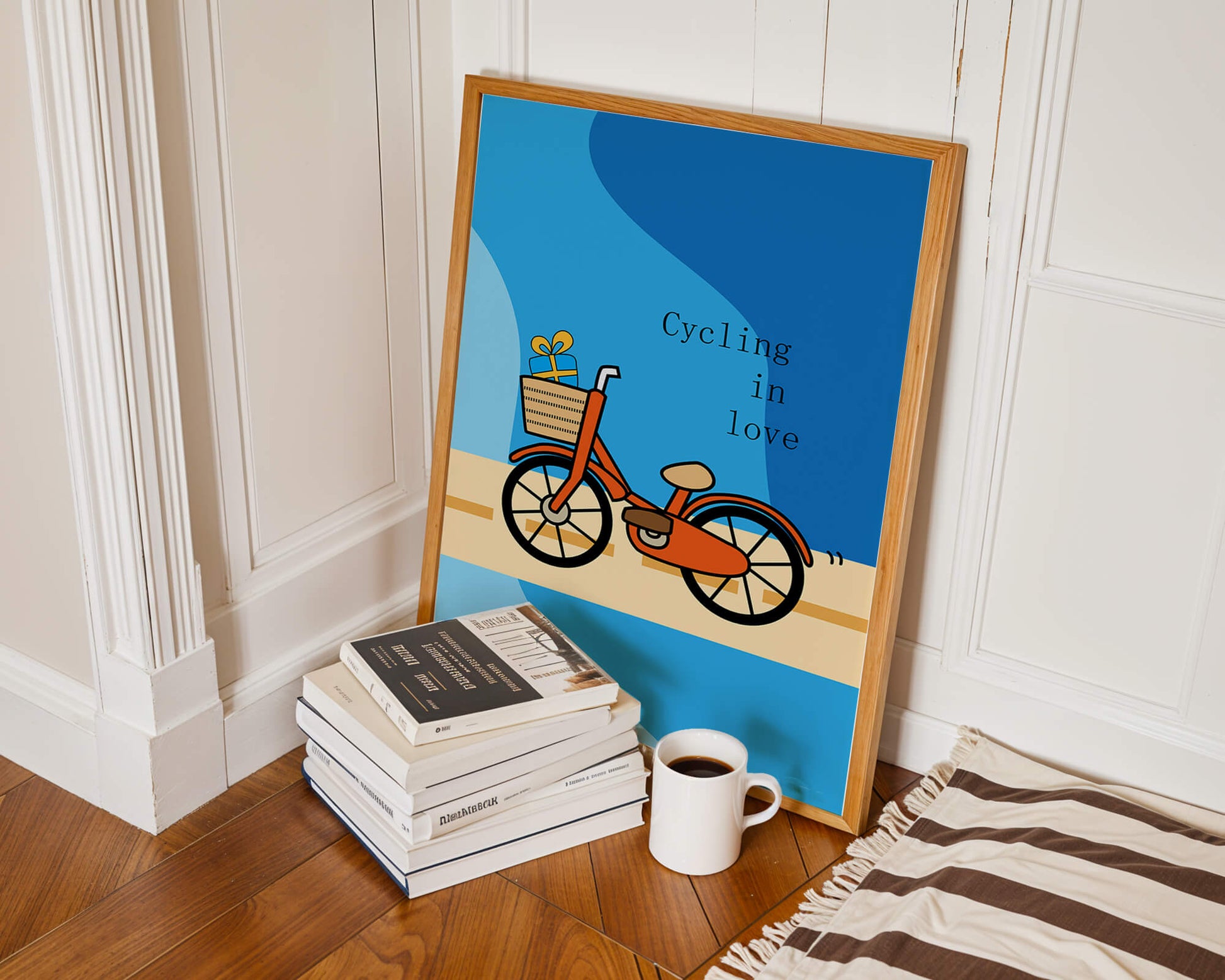 Colorful bicycle with a gift in basket against blue background