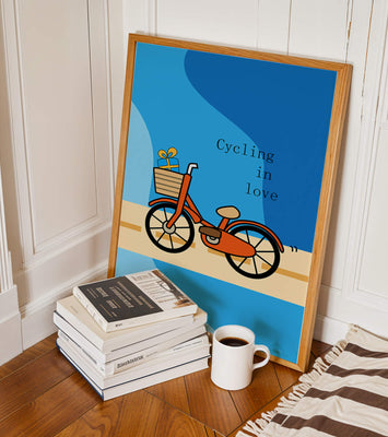 Colorful bicycle with a gift in basket against blue background
