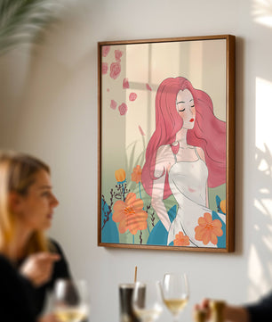 Illustration of a serene woman in a floral dress with flowing red hair