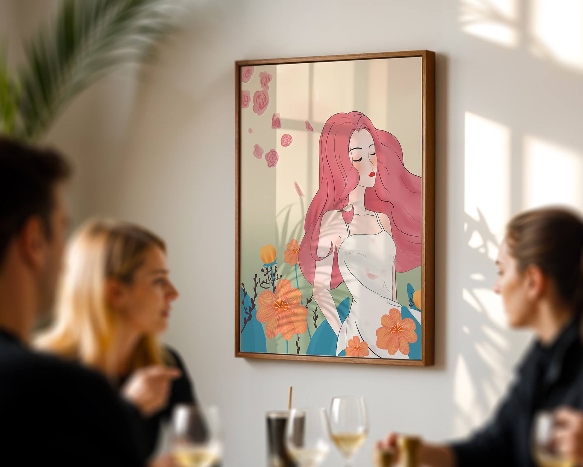 Illustration of a serene woman in a floral dress with flowing red hair