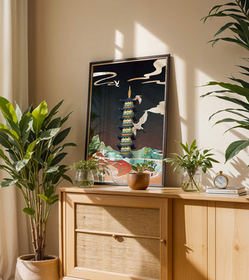 Illustrated scene of traditional pagoda with cranes in colorful landscape