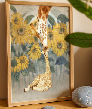 Pintura acuarela de jirafas y girasoles en una escena tierna de una familia de jirafas