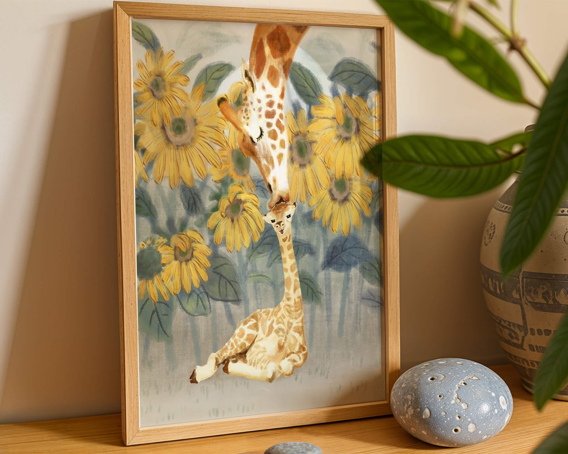 Giraffe and sunflowers watercolor painting of tender giraffe family scene