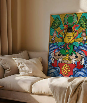 Colorful illustration of a mythical creature with traditional elements and vibrant colors