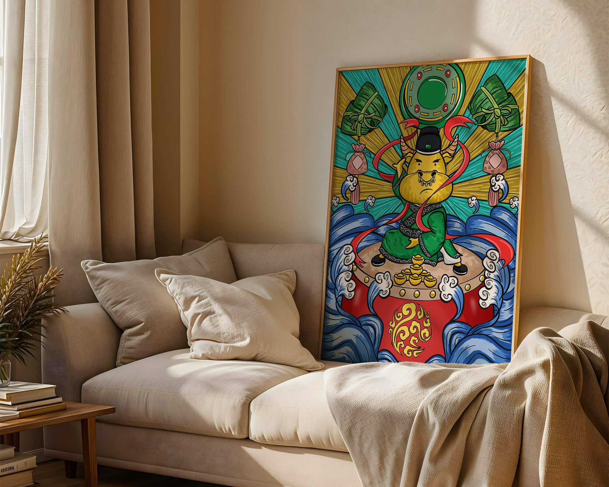 Colorful illustration of a mythical creature with traditional elements and vibrant colors