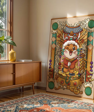 Bunte Illustration eines niedlichen Tieres in traditioneller Festtagskleidung mit goldenen Elementen