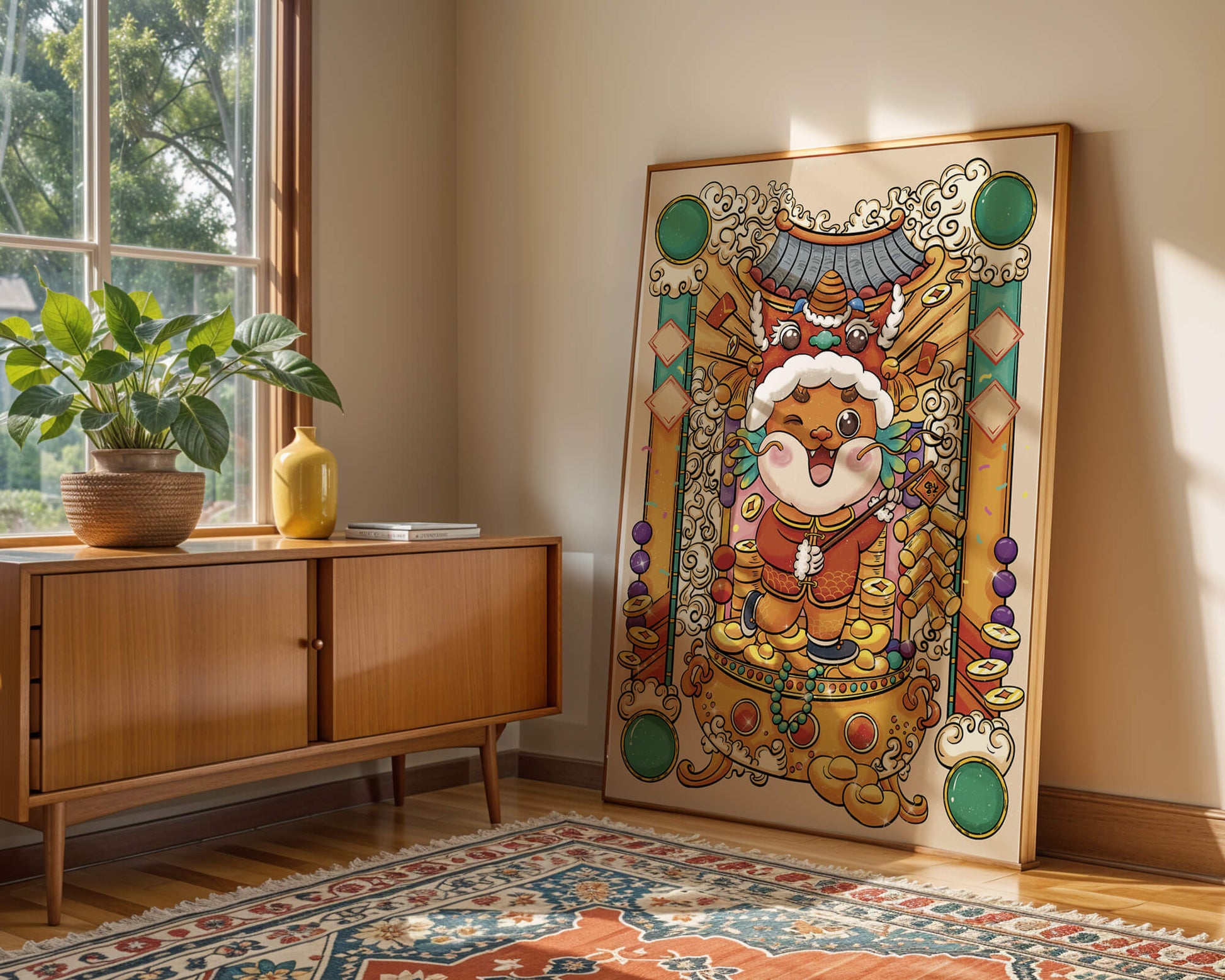 Ilustración colorida de un animal lindo en atuendo festivo tradicional con elementos dorados