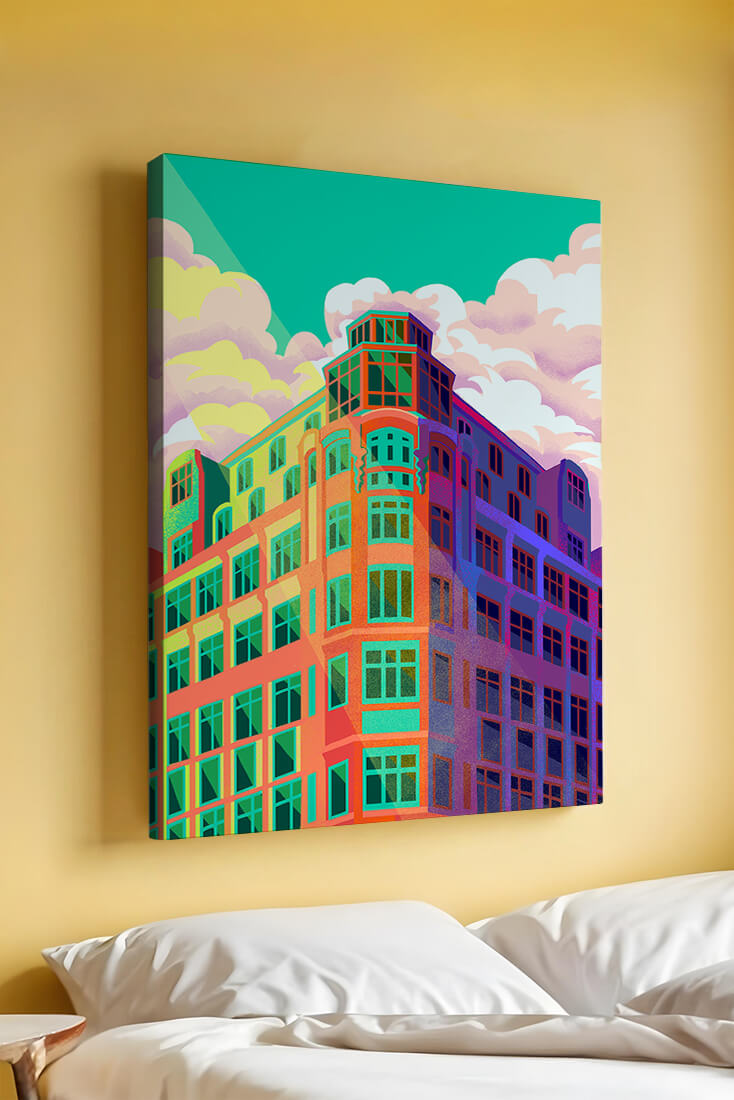 Colorful geometric building with vibrant sky