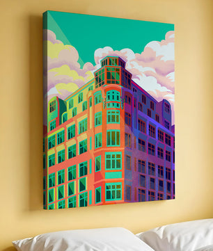 Gebäude mit bunten geometrischen Formen und lebhaftem Himmel