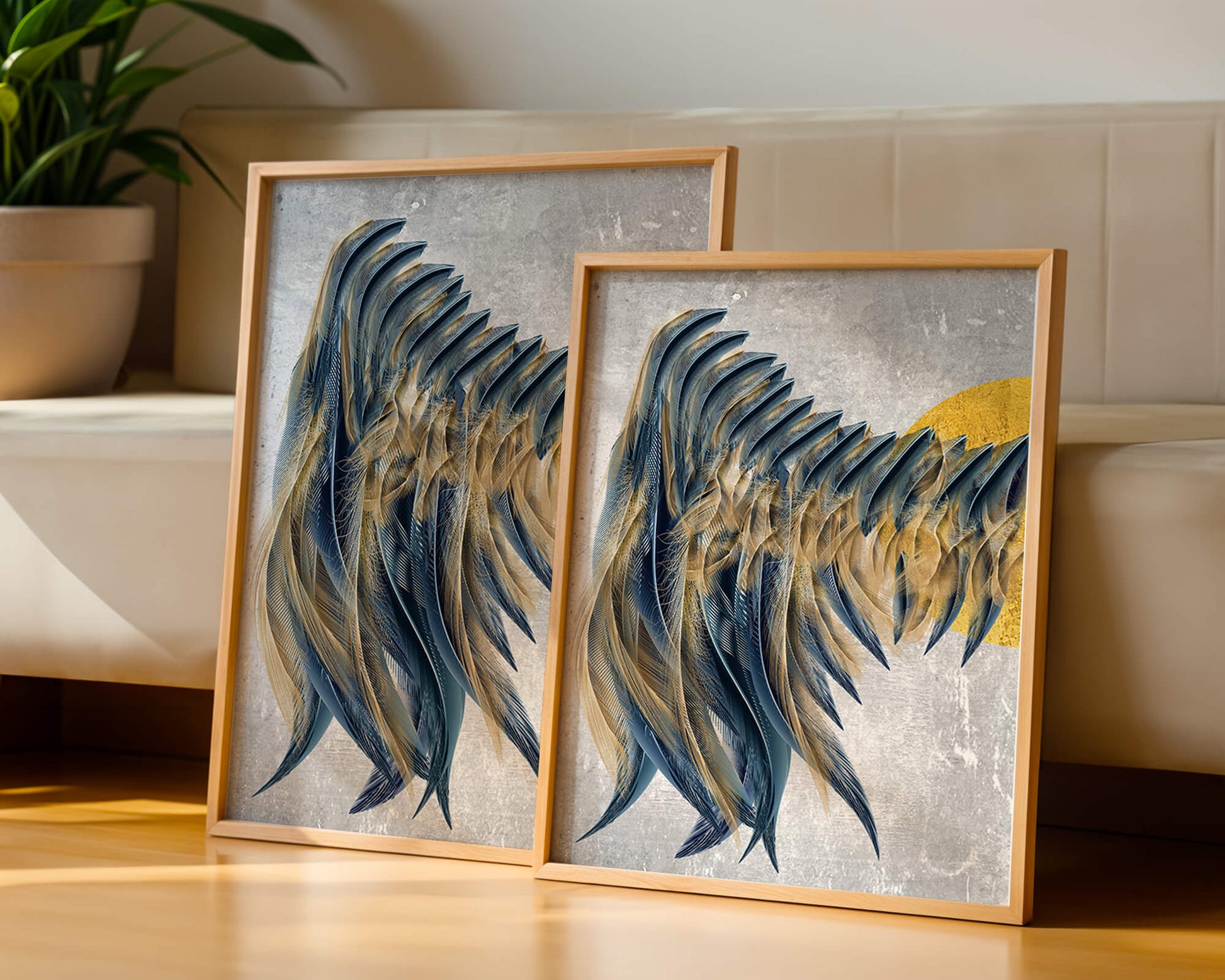 Arte abstracto de plumas con detalles dorados sobre fondo texturizado