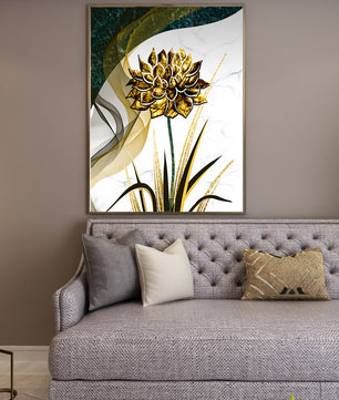 Golden flower artwork with abstract background for contemporary decor
