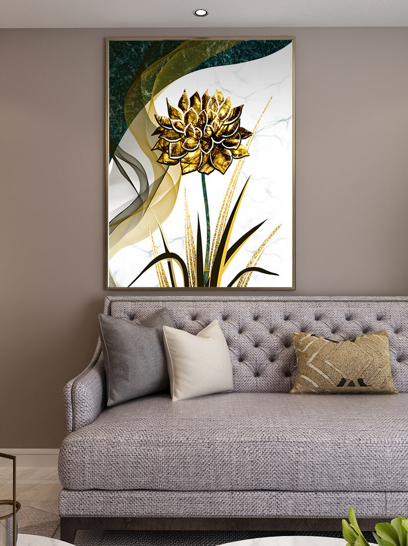 Golden flower artwork with abstract background for contemporary decor