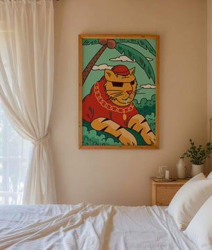 Stylish cartoon tiger lounging under a tropical palm tree with gold accessories