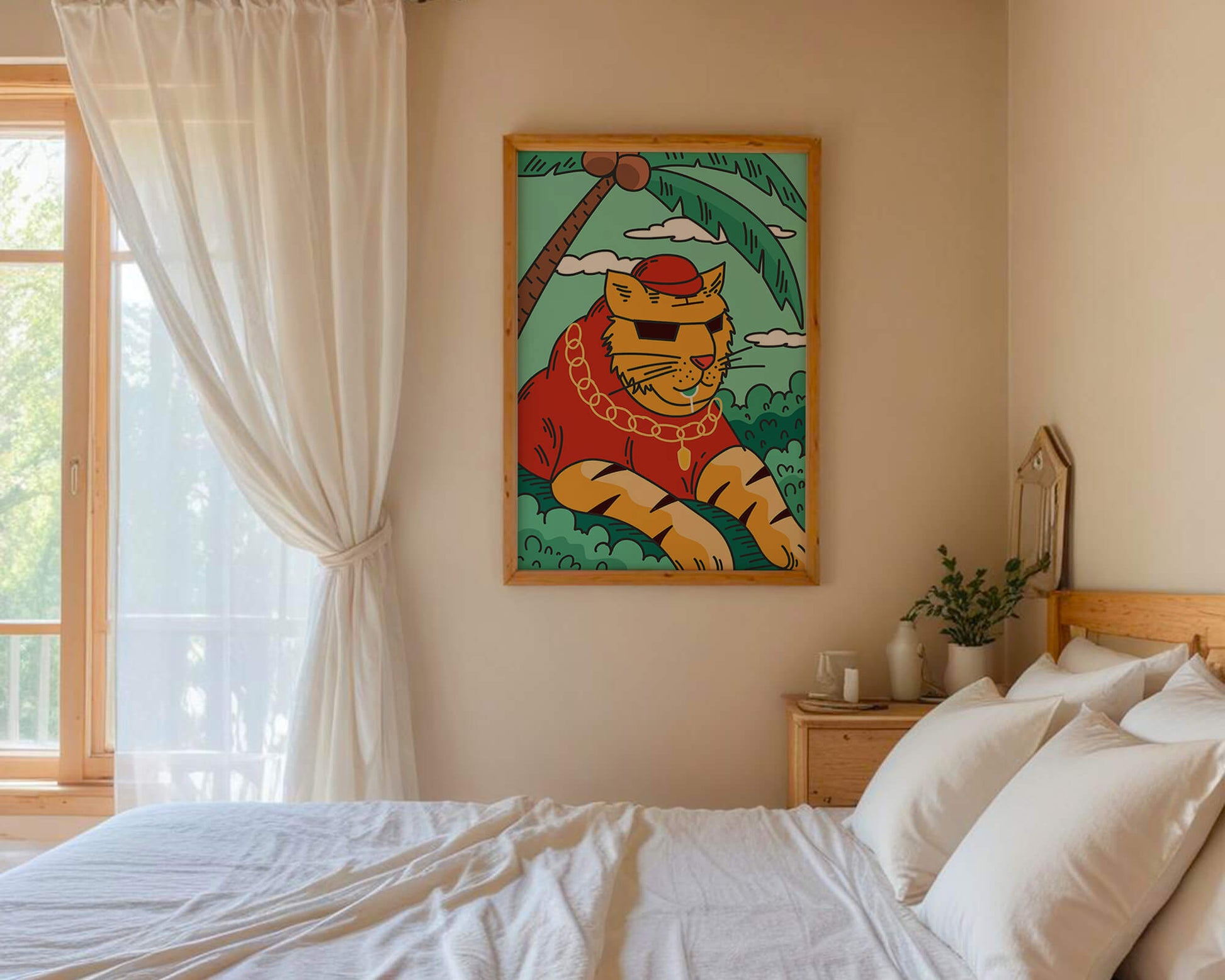 Stylish cartoon tiger lounging under a tropical palm tree with gold accessories