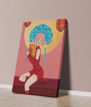 Elegante Illustration einer Frau in traditioneller Kleidung mit einem Fächer