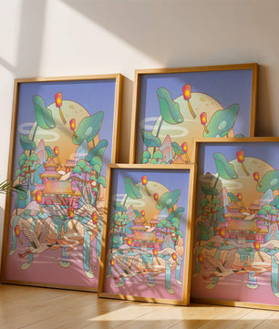 Illustration pittoresque d’un temple chinois avec des lanternes flottantes et un paysage serein