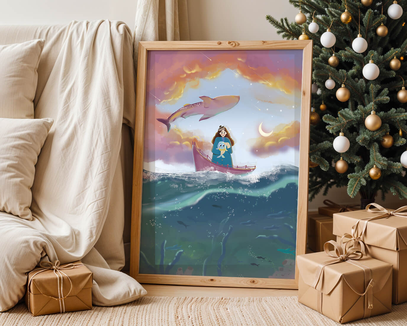Whimsical illustration of a girl on a boat with a flying whale