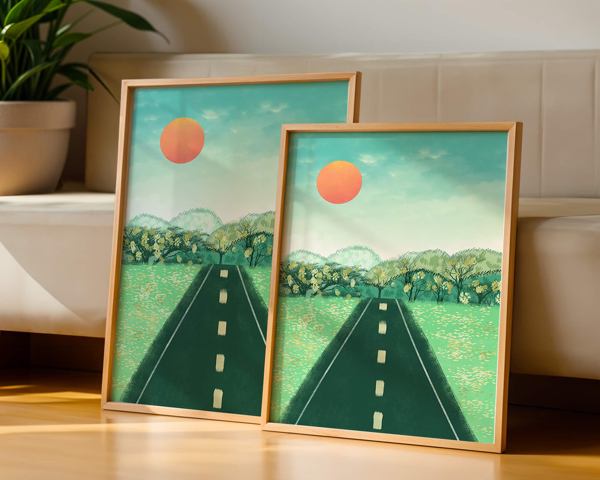 Serene Landscape with Road Leading to Sunset and Lush Greenery