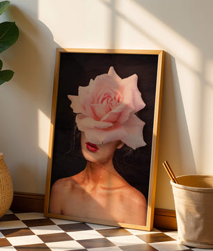 Woman with a Rose Head and Red Lips on a Dark Background - Mi tienda