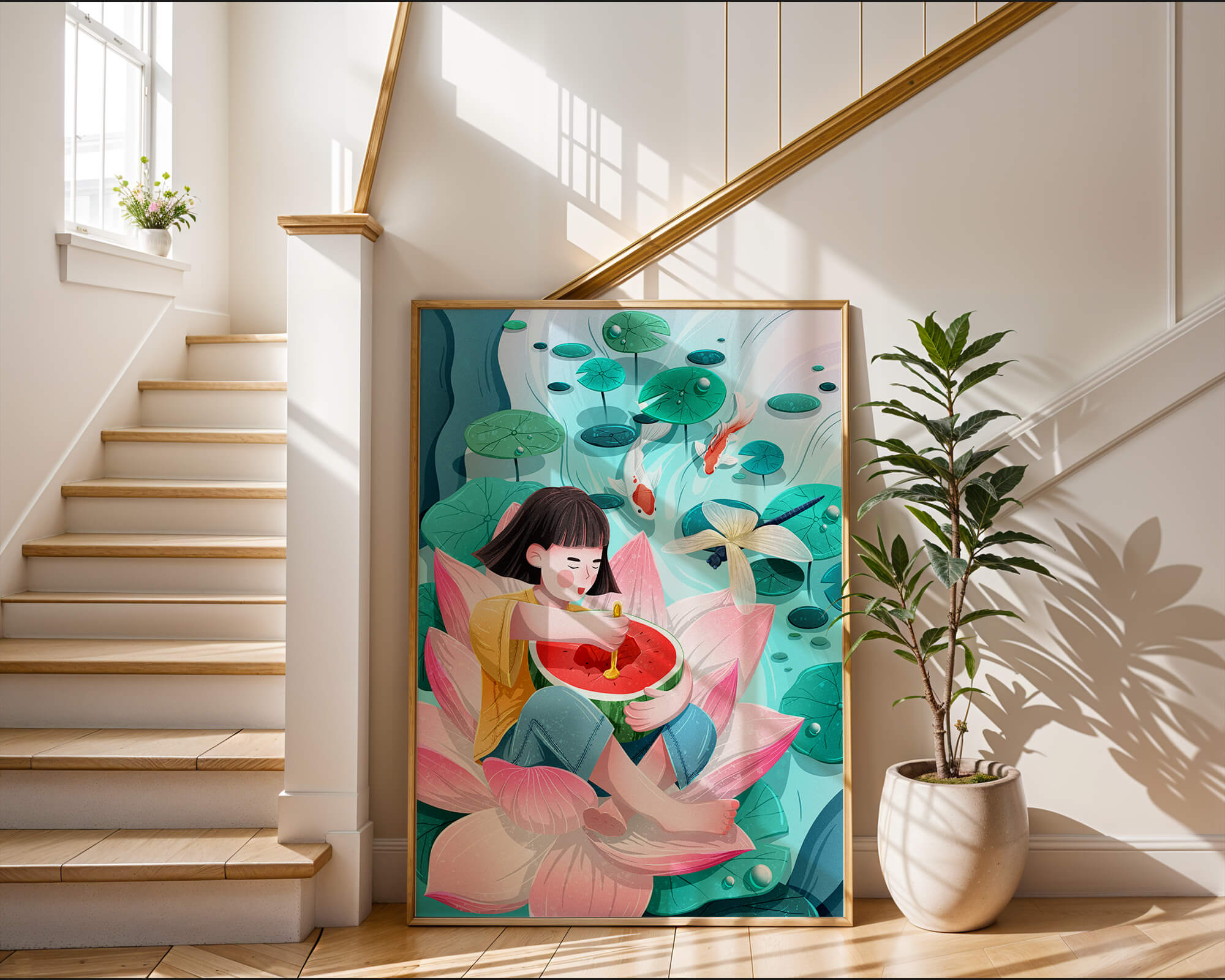 Serene illustration of child with watermelon on lotus flower
