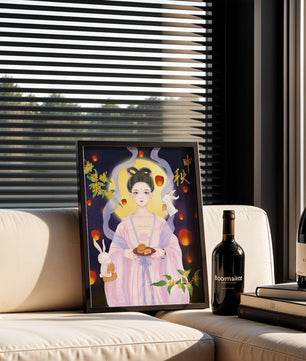 Mid-Autumn Festival Illustration with Moon Goddess and Rabbits