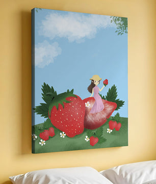 Ilustración encantadora de una niña en un campo de fresas