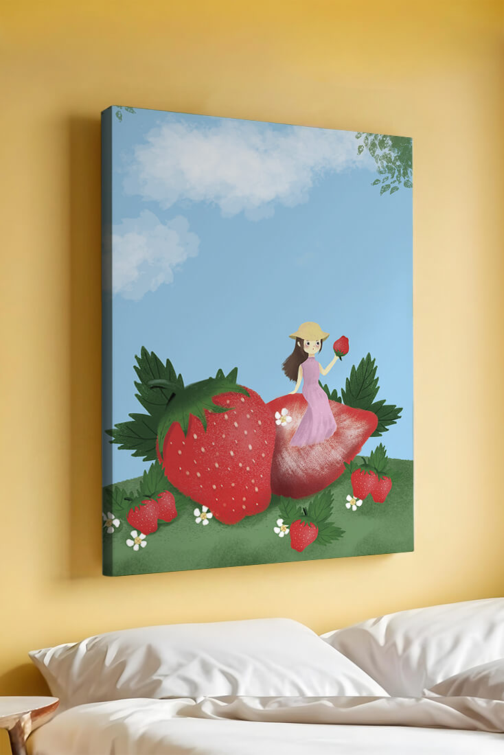 Charming illustration of a girl in a strawberry field