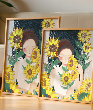Young woman surrounded by vibrant sunflowers in a serene setting