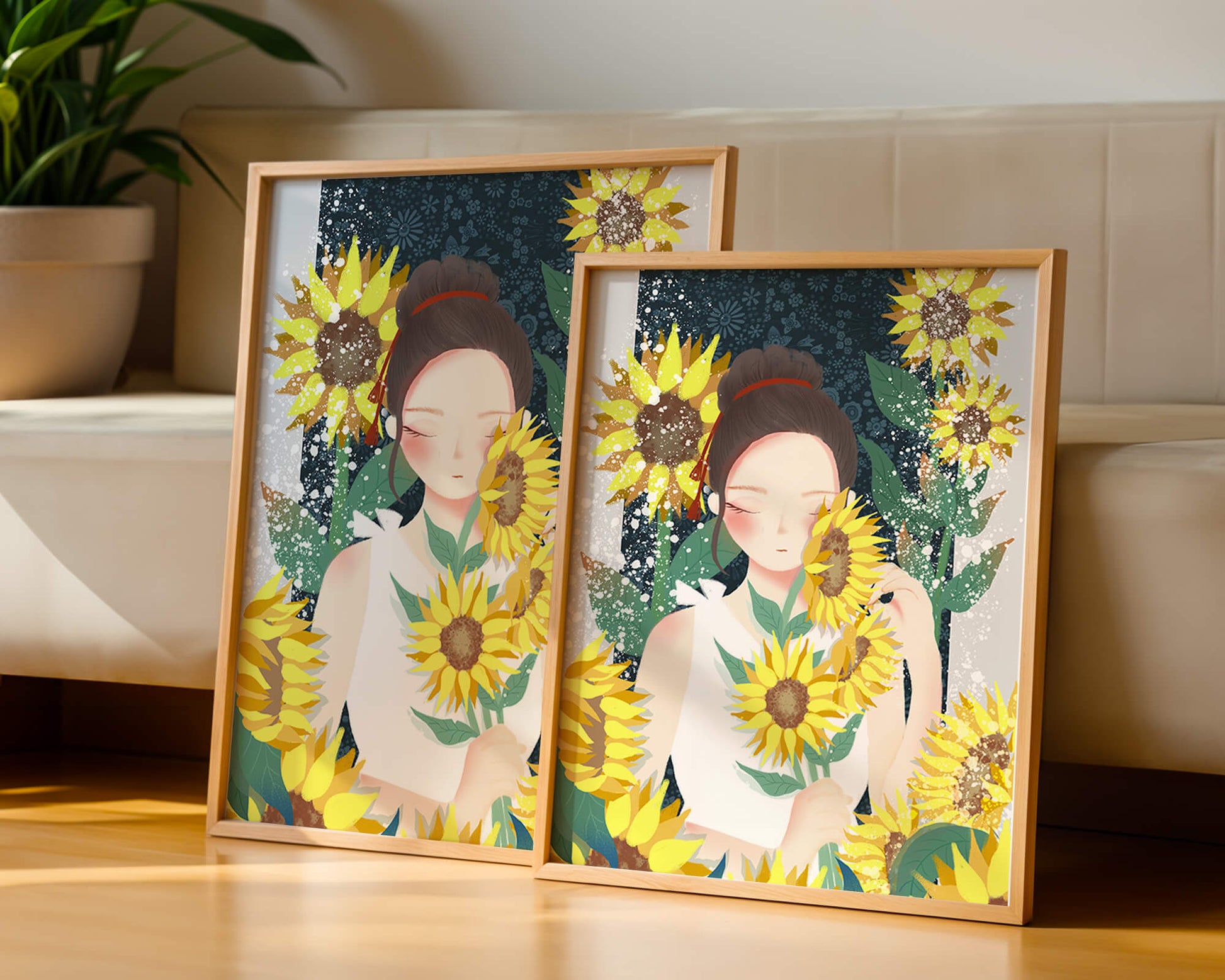 Young woman surrounded by vibrant sunflowers in a serene setting