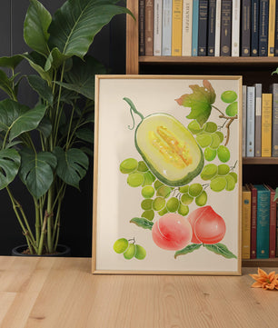 Ilustración de frutas vibrantes que incluye uvas, melón y duraznos
