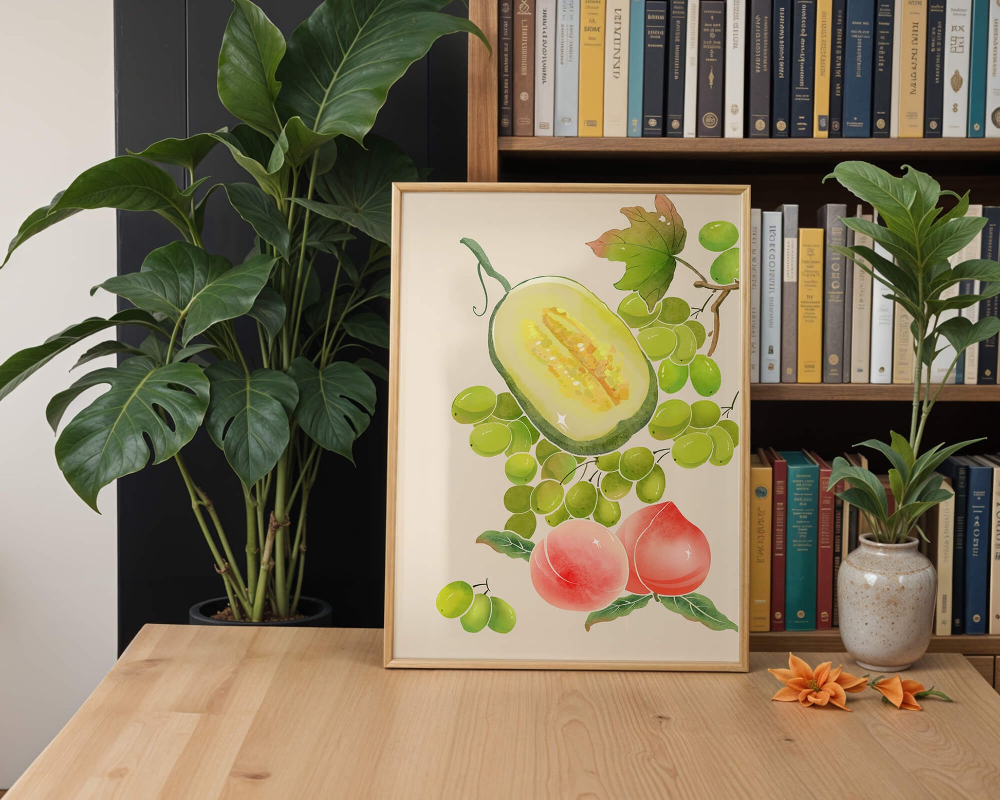 Ilustración de frutas vibrantes que incluye uvas, melón y duraznos