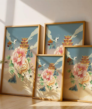 Elegant Asian Landscape With Pagoda, Cranes, and Peonies