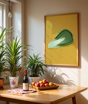 Illustrated bok choy on vibrant yellow background with stripes