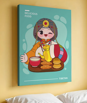 Charmanter tibetischer Charakter mit traditioneller Lebensmittelillustration