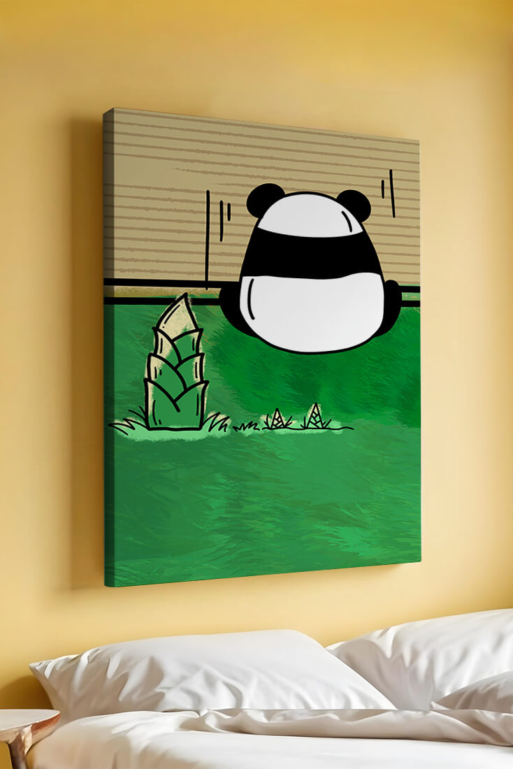 Whimsical panda in a green bamboo forest background