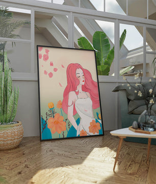 Illustration of a serene woman in a floral dress with flowing red hair