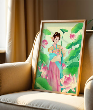 Traditional Asian woman in a garden surrounded by lotus flowers and green leaves