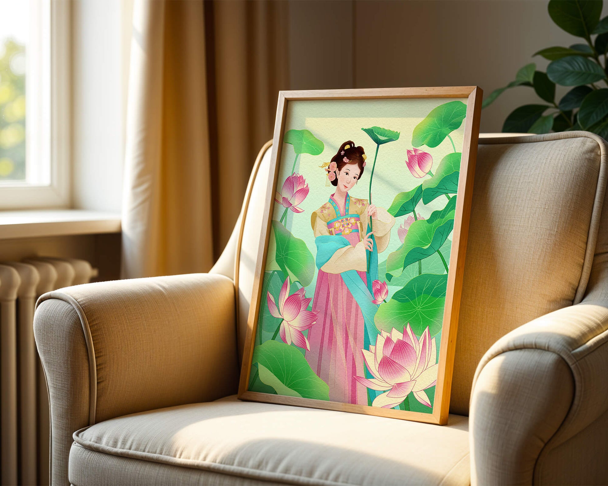 Traditional Asian woman in a garden surrounded by lotus flowers and green leaves