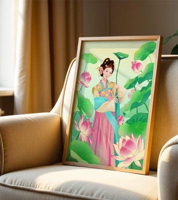 Traditional Asian woman in a garden surrounded by lotus flowers and green leaves