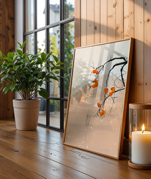Branch with Persimmons and Snow in Minimalistic Landscape