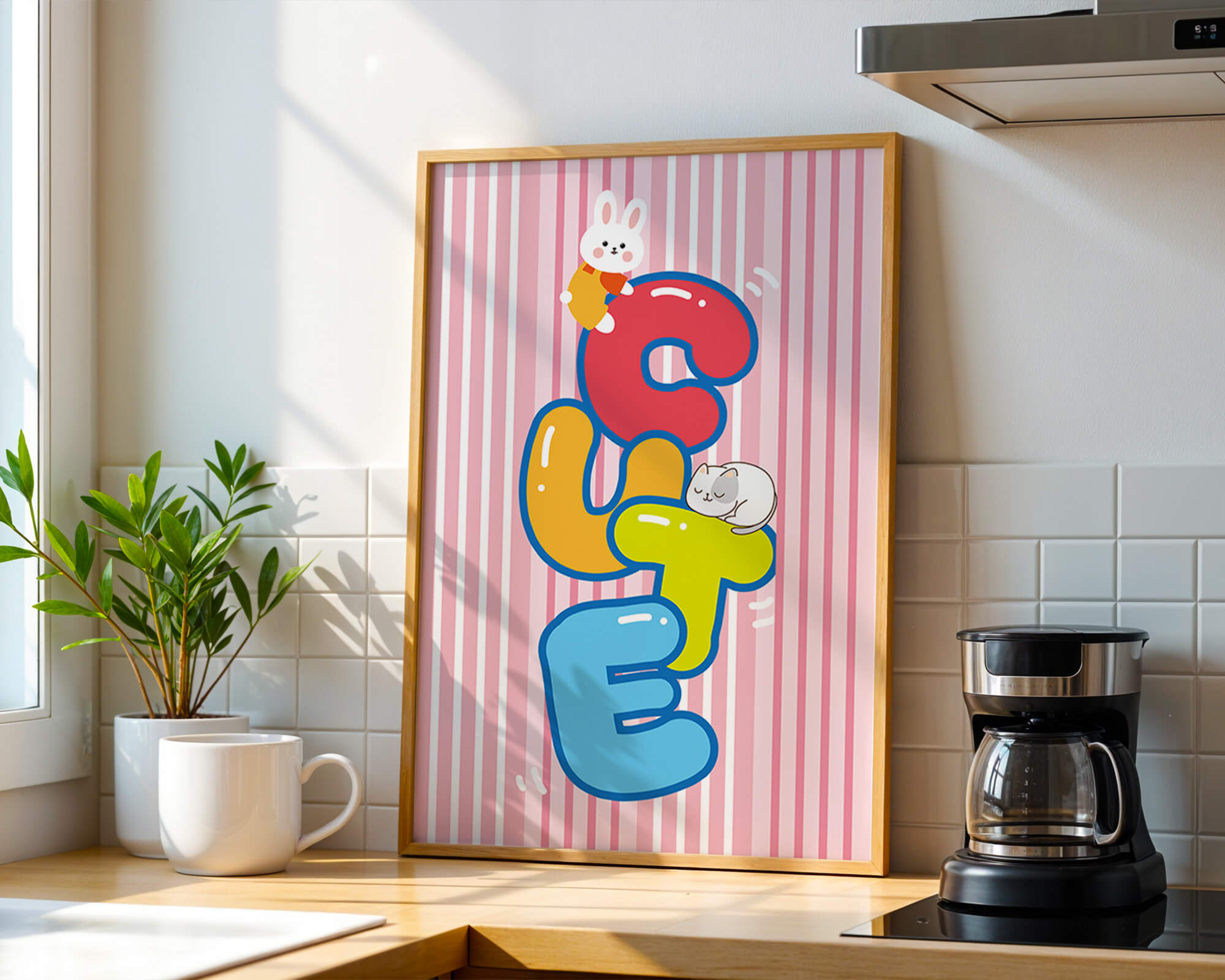 Playful cute illustration with bunny and kitten on colorful letters