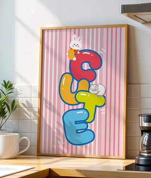 Ilustración lúdica y adorable con conejo y gatito sobre letras coloridas