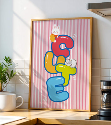 Playful cute illustration with bunny and kitten on colorful letters