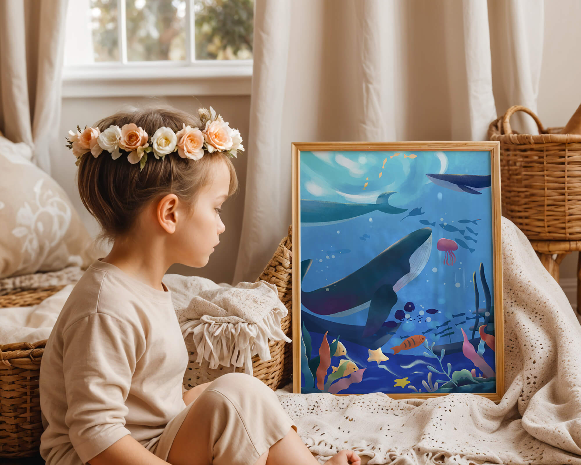 Underwater scene with whales, fish, and coral reef
