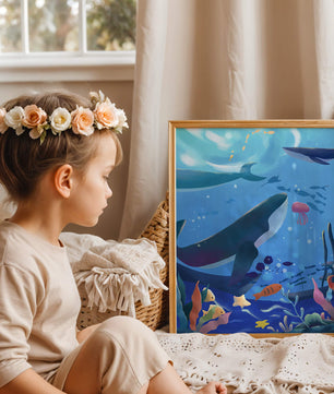 Escena submarina con ballenas, peces y arrecife de coral