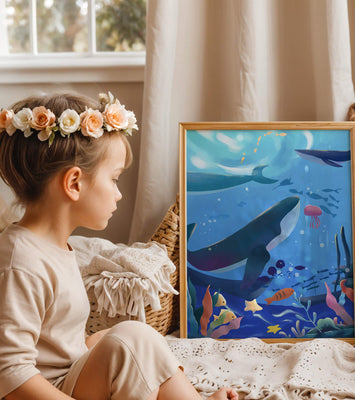 Underwater scene with whales, fish, and coral reef