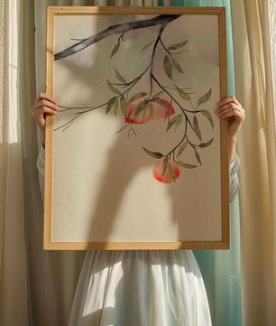 Peaceful Botanical Illustration of Branches with Leaves and Peaches - Mi tienda