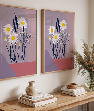 Zarte weiße Gänseblümchen mit gelben Zentren auf modernem Pastell-Hintergrund