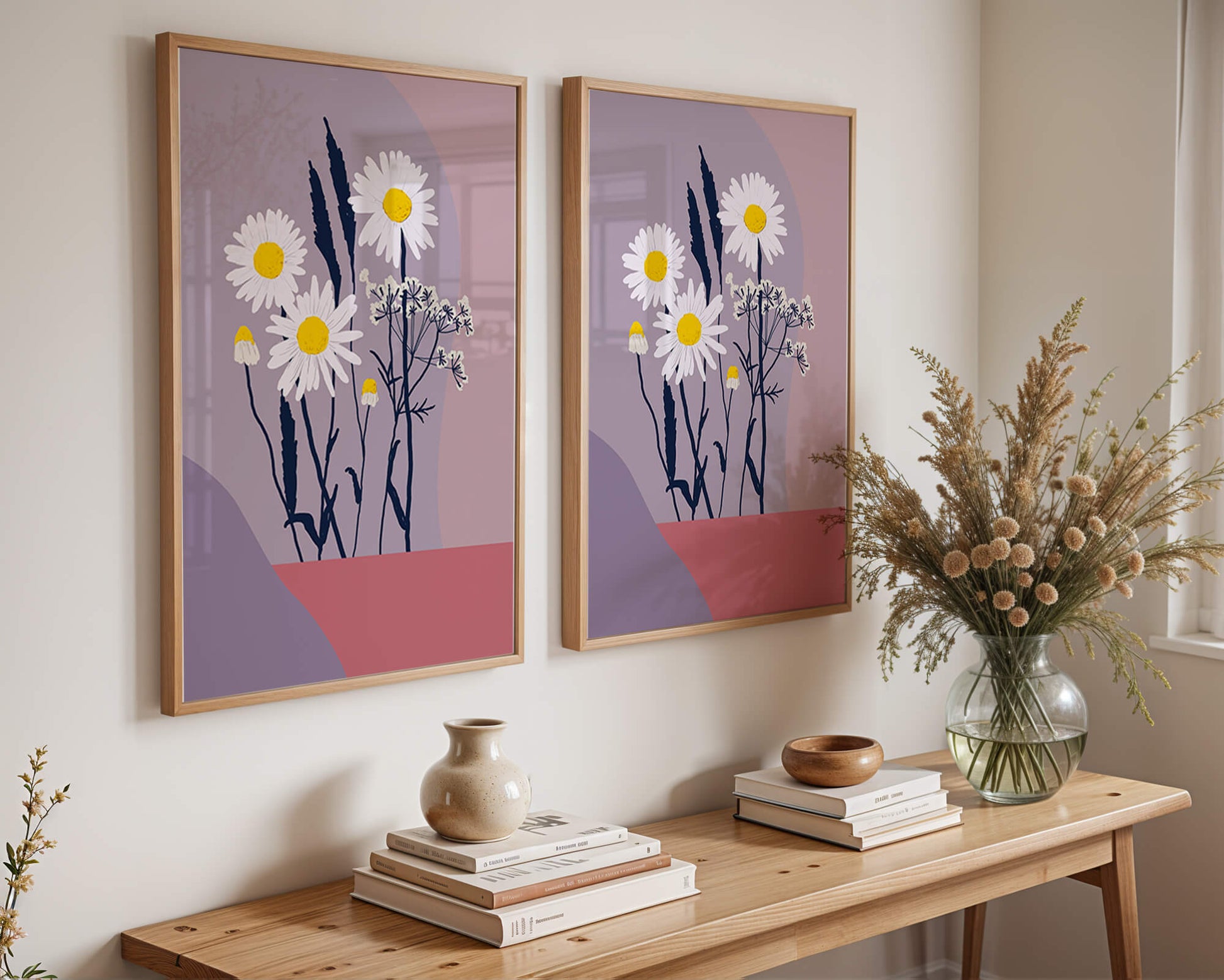 Zarte weiße Gänseblümchen mit gelben Zentren auf modernem Pastell-Hintergrund