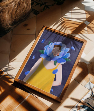 Illustration of woman with blue flower head and yellow dress